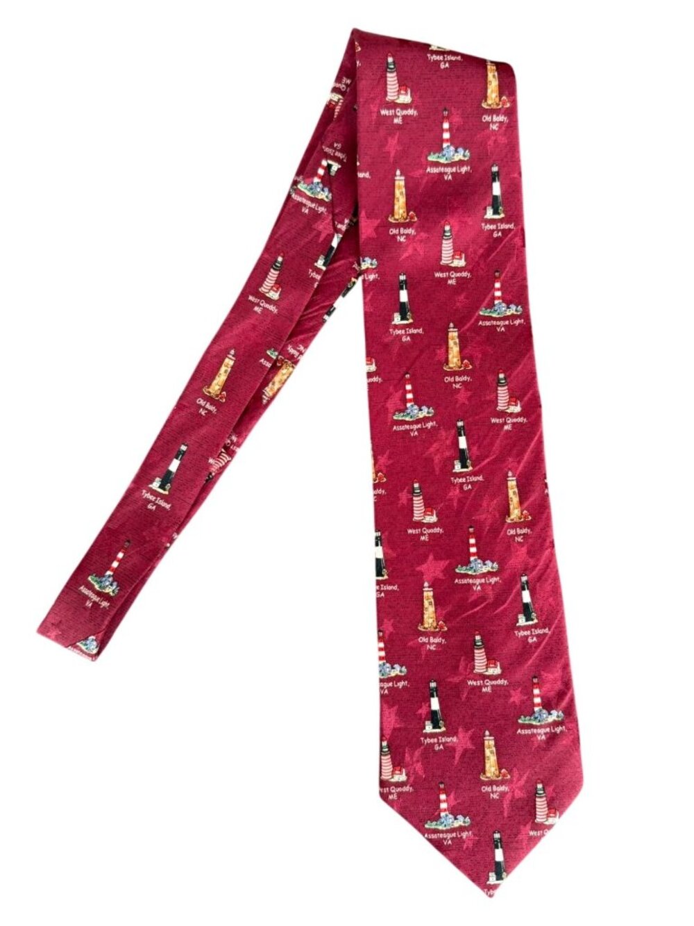 Vintage Silk Lighthouse Tie 1990s Americana Novelty Red Coastal Necktie